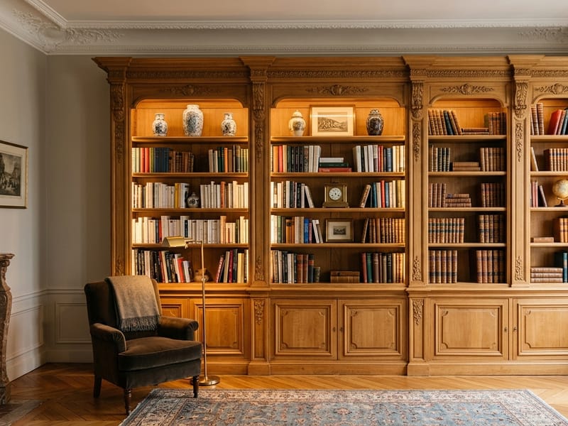 Bibliothèque murale en chêne doré